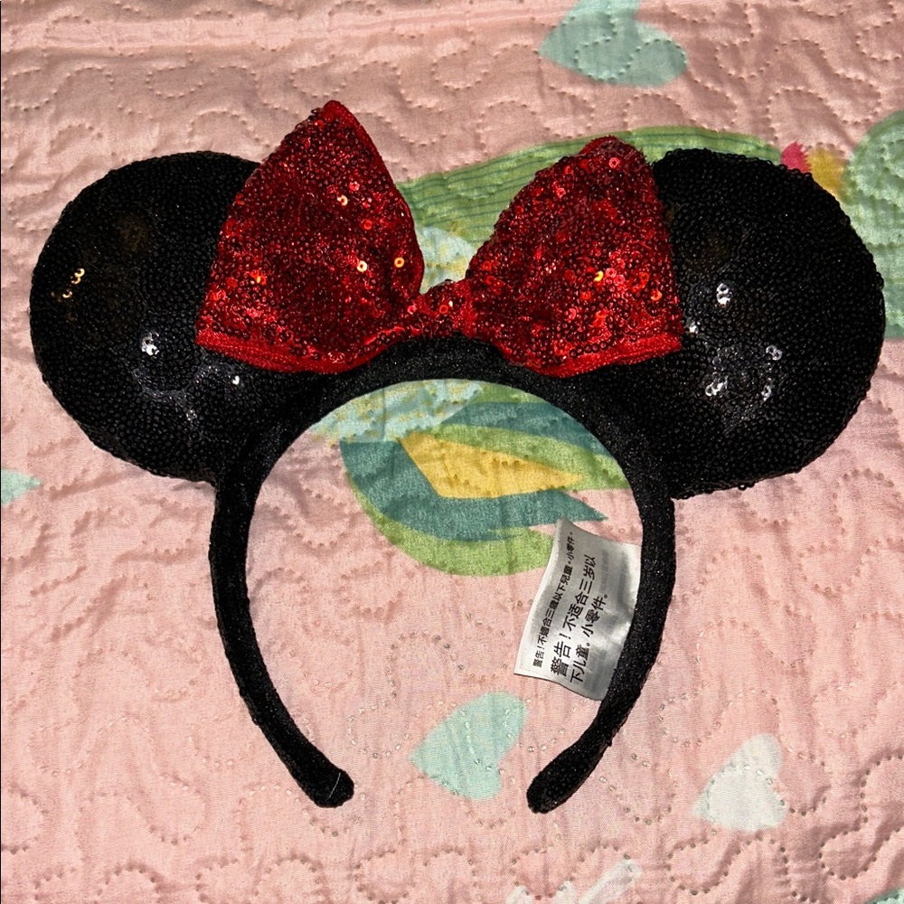 Disney Black Sequin Minnie Mouse Ears with Red Bow
